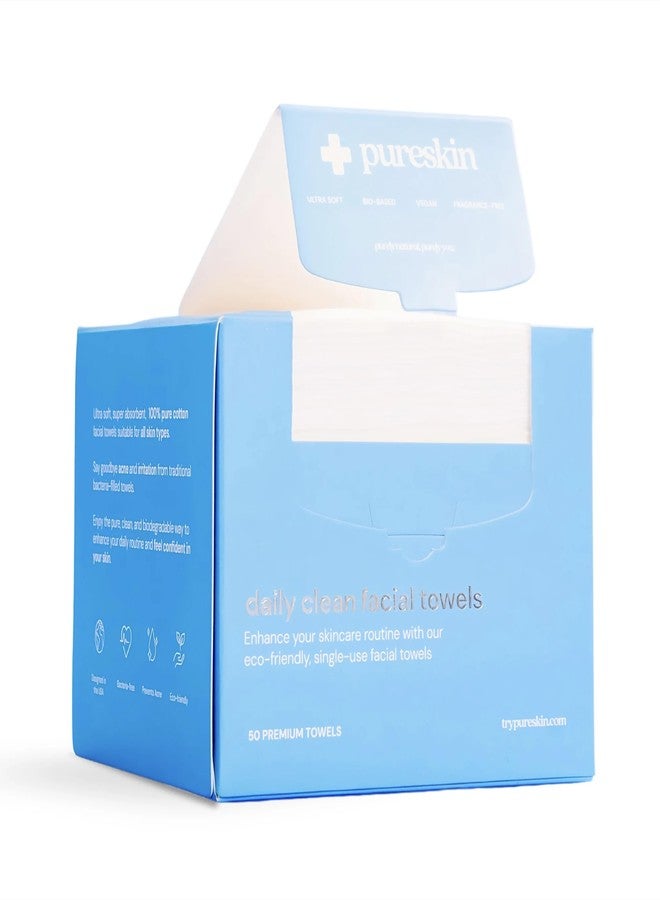 pureskin Daily Clean Facial Towels, 100% Biodegradable Pure Cotton, Premium Disposable Face Towels, Clinician Recommended, Ultra Soft, Suitable for All Skin Types, 50 count - Image 1