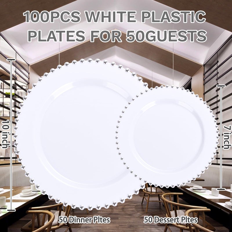 supernal 100pcs Silver Plastic Plates - Heavy Duty Elegant White Disposable Plates with Silver Beads Set Include 50 Plastic Dinner Plate and 50 Dessert Plate Perfect for Wedding, Birthday & Party - Image 3