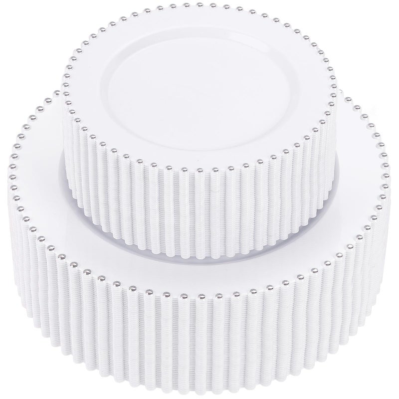 supernal 100pcs Silver Plastic Plates - Heavy Duty Elegant White Disposable Plates with Silver Beads Set Include 50 Plastic Dinner Plate and 50 Dessert Plate Perfect for Wedding, Birthday & Party - Image 1