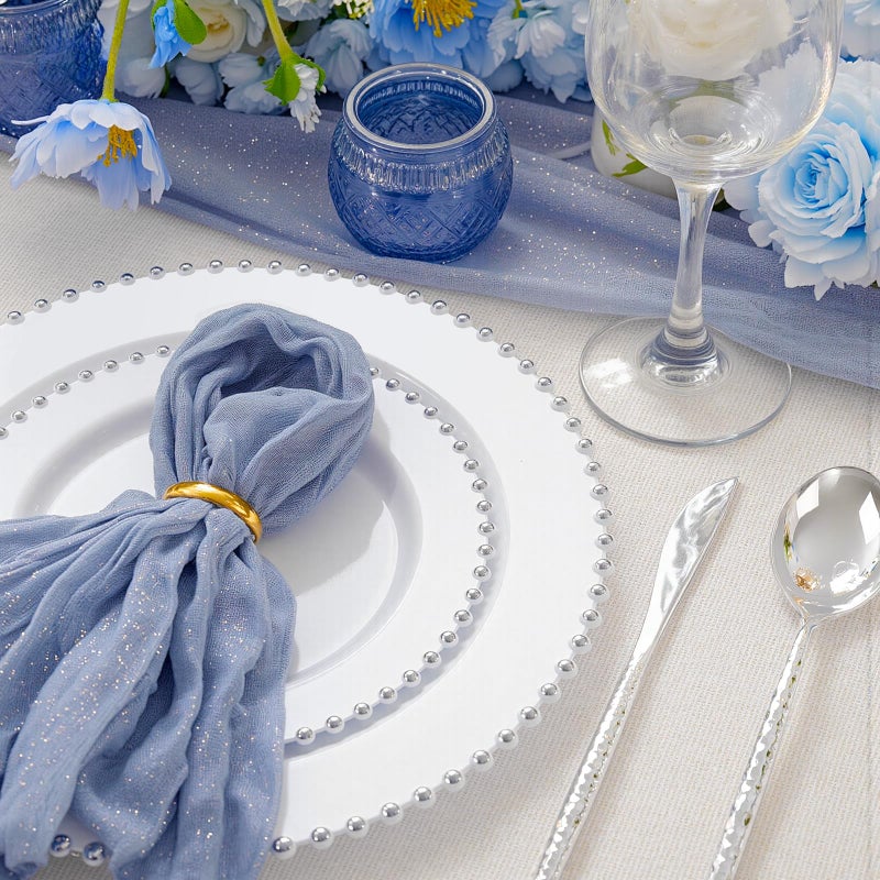 supernal 100pcs Silver Plastic Plates - Heavy Duty Elegant White Disposable Plates with Silver Beads Set Include 50 Plastic Dinner Plate and 50 Dessert Plate Perfect for Wedding, Birthday & Party - Image 4