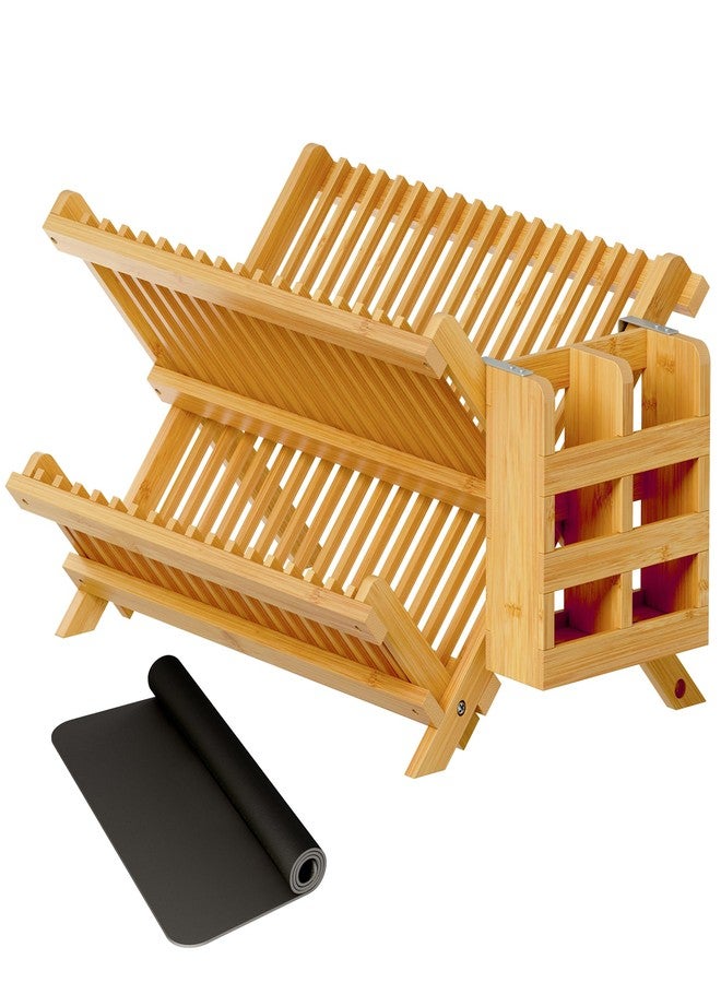 Greenual Bamboo Dish Drying Rack with Utensil Holder, 2 Tier Collapsible Dish Rack, Wooden Dish Racks for Kitchen Counter, Folding Drying Holder with Absorbent Dish Drying Mat - Image 1