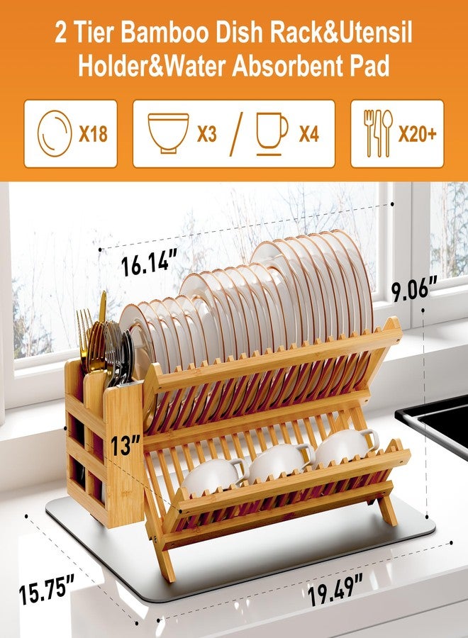 Greenual Bamboo Dish Drying Rack with Utensil Holder, 2 Tier Collapsible Dish Rack, Wooden Dish Racks for Kitchen Counter, Folding Drying Holder with Absorbent Dish Drying Mat - Image 2