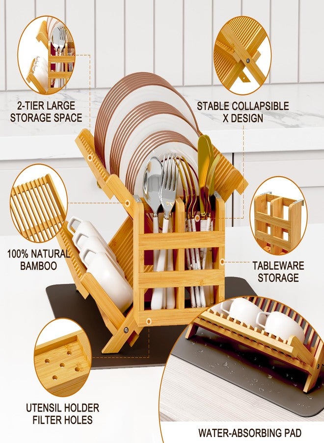 Greenual Bamboo Dish Drying Rack with Utensil Holder, 2 Tier Collapsible Dish Rack, Wooden Dish Racks for Kitchen Counter, Folding Drying Holder with Absorbent Dish Drying Mat - Image 5