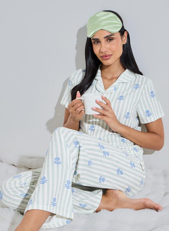 Styli Green All Over Print Short Sleeves Shirt and Straight Pants Pyjama Set - Image 1