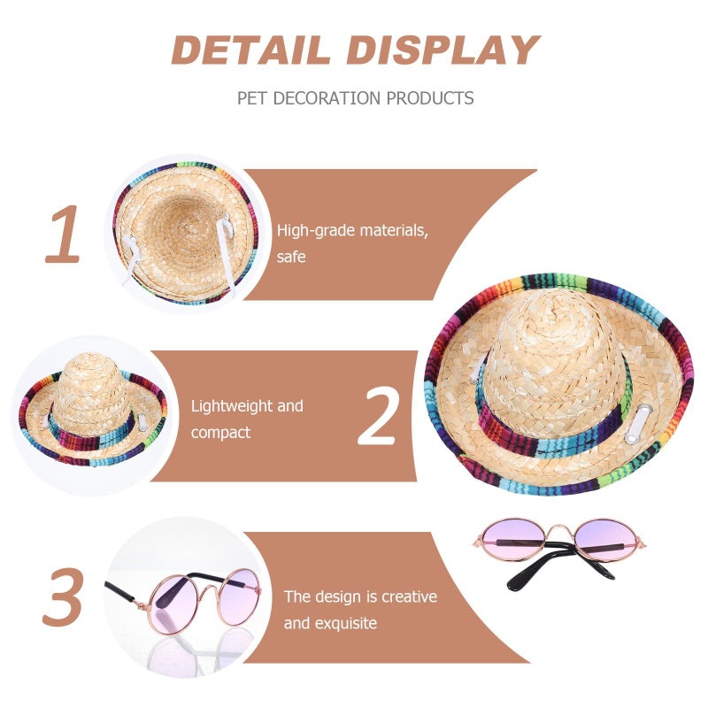 Milisten Pet Straw Hat And Glasses Set For Summer Costume Decorative Woven Hat With Sunglasses Kitten Photography Prop And Party Accessory For Cats And Dogs Adjustable Size - Image 4
