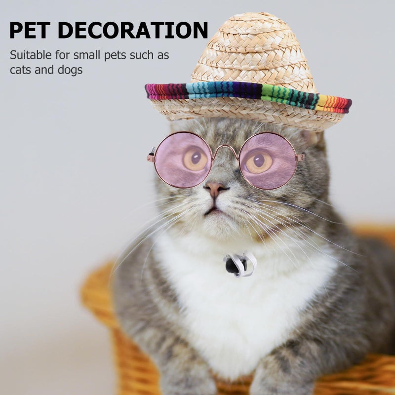 Milisten Pet Straw Hat And Glasses Set For Summer Costume Decorative Woven Hat With Sunglasses Kitten Photography Prop And Party Accessory For Cats And Dogs Adjustable Size - Image 5