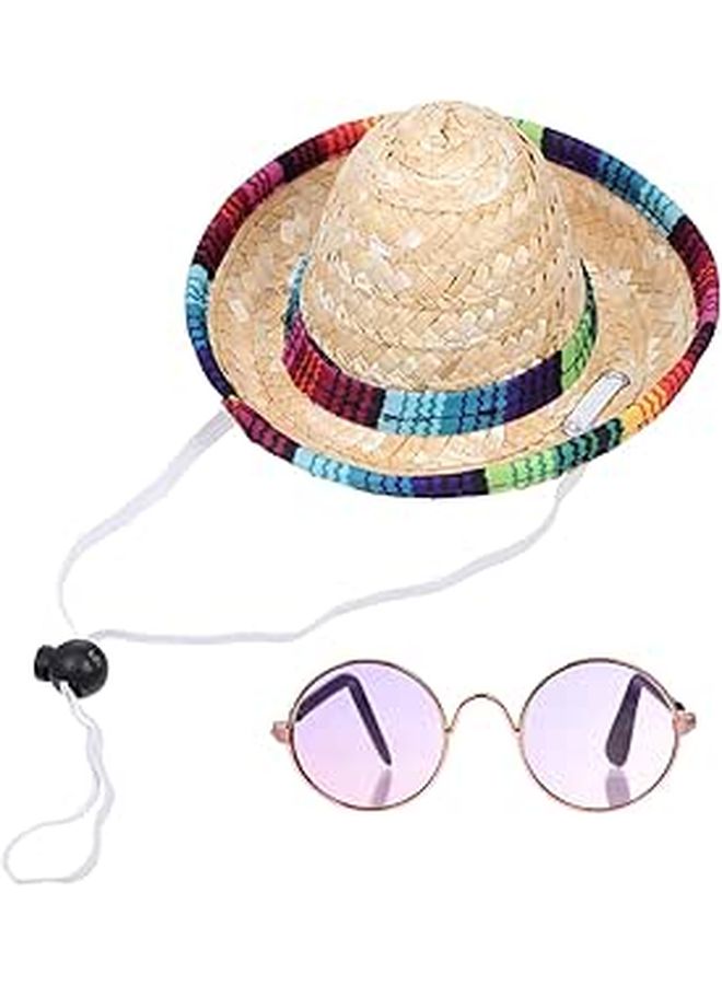 Milisten Pet Straw Hat And Glasses Set For Summer Costume Decorative Woven Hat With Sunglasses Kitten Photography Prop And Party Accessory For Cats And Dogs Adjustable Size - Image 1