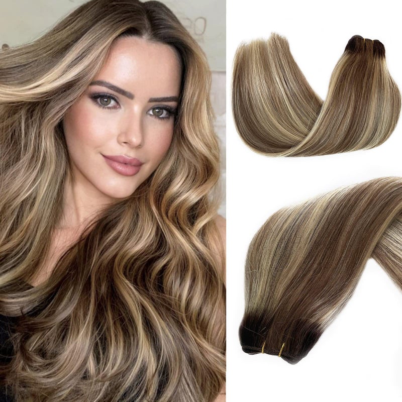 Weft Hair Extensions Human Hair Ombre Sew in Ash Brown Mixed Blonde Highlights Hand Tied Weave Bundles 12inch 80g