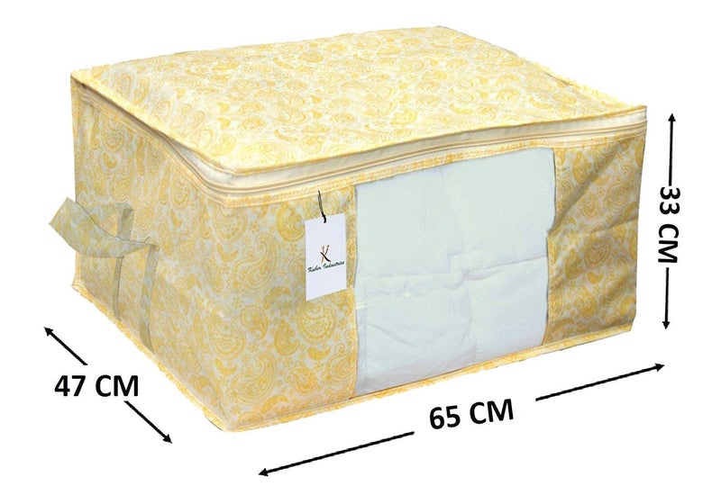 Kuber Industries Leaf Design 3 Piece Non Woven Underbed Storage Bag Storage Organiser Blanket Cover with Transparent Window Extra Large Gold CTKTC034498 - Image 4
