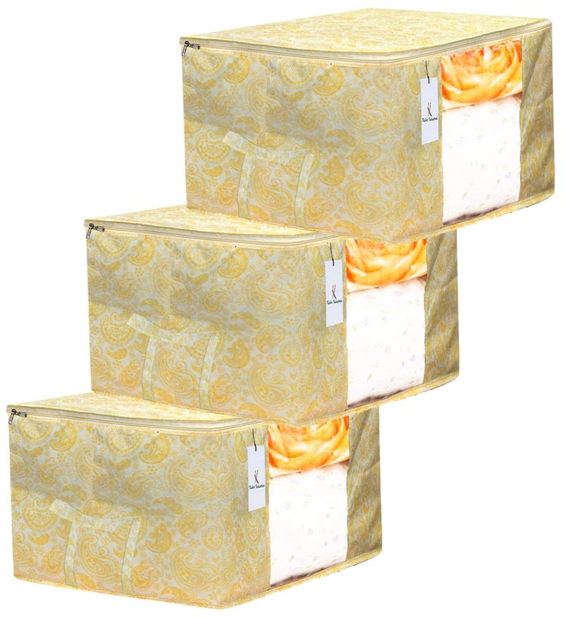 Kuber Industries Leaf Design 3 Piece Non Woven Underbed Storage Bag Storage Organiser Blanket Cover with Transparent Window Extra Large Gold CTKTC034498 - Image 1