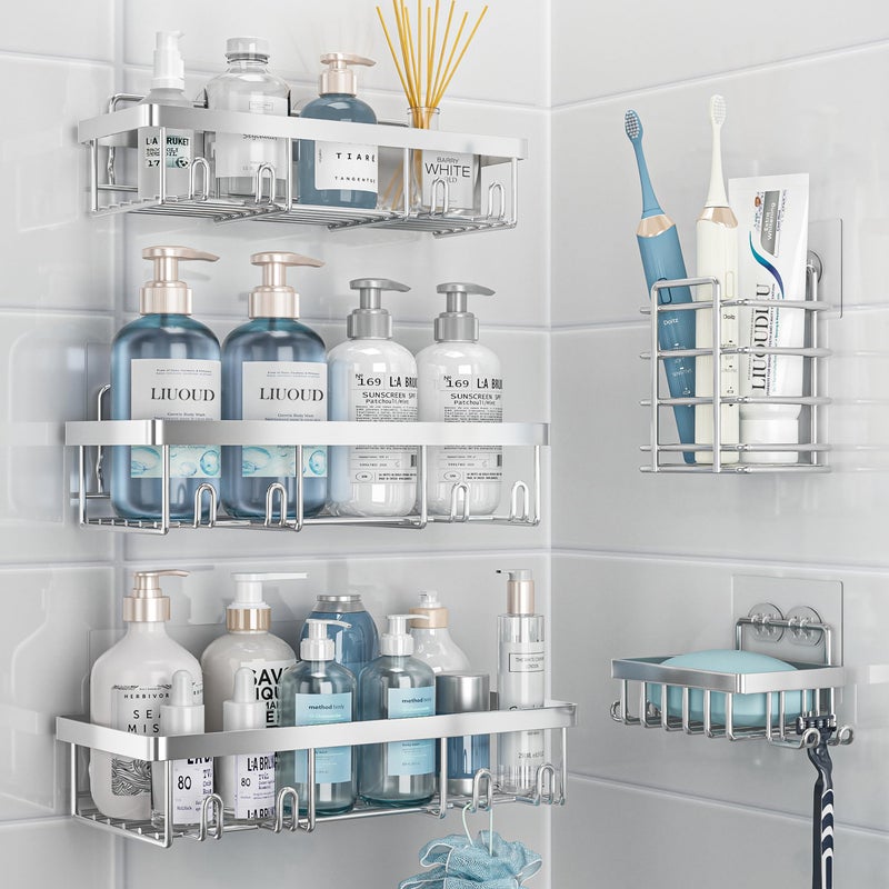 Liuoud 5 Pack Shower Caddy Organizer Rack Shelf for Inside Shower Self Adhesive Bathroom Wall Storage Basket Rustproof Stainless Steel Large Capacity Shampoo Holder Silver