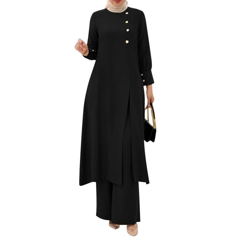 IDOPIP Abaya Dress for Women Muslim Set Long Sleeve Chiffon Ramadan Islamic Prayer Dress Button Down Shirt with Pants 2PCS Middle East Dubai Outfits Modest Arabic Casual Clothes Black Split S - Image 2
