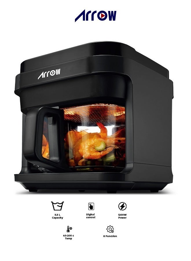 Arrow Arrow Digital Glass Air Fryer | Whole Visible window 5.5L glass pot | 1200W, 50/60 Hertz | 8 Functionsl Best for Fries, Wings, Steak, Fish, Shrimp, Chicken, Manual, Defrost etc.. | Black | 2 year warranty(RO-06AFAO) 