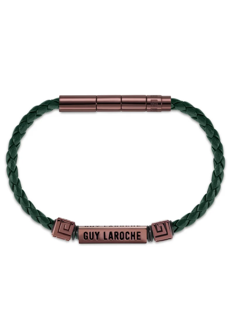 Guy Laroche Jean Bronze Stainless Steel and Green Leather Braided Bracelet for Men 180mm
