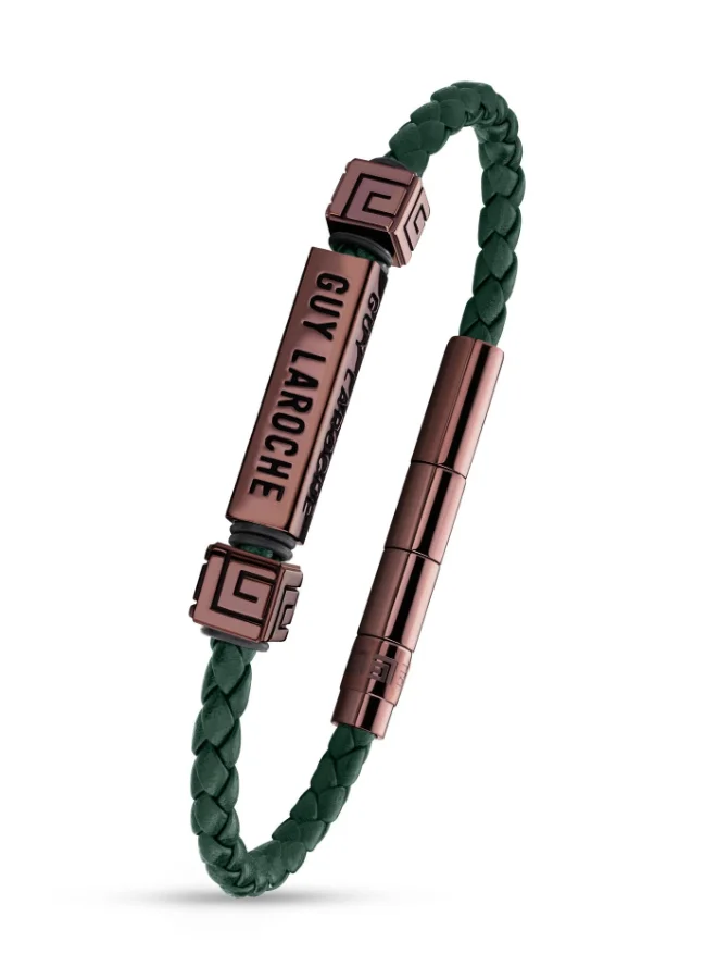 Guy Laroche Jean Bronze Stainless Steel and Green Leather Braided Bracelet for Men 180mm
