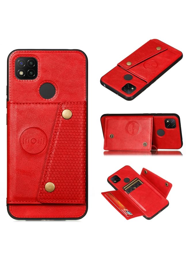 Case Cover For Xiaomi Redmi 9C Double Buckle PU + TPU Shockproof Magnetic Protective Case with Card Slot & Holder Red
