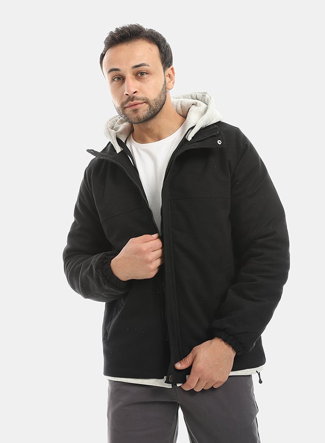 Andora Black With Grey Hooded Full Zipper Closure Jacket-Black - Image 1