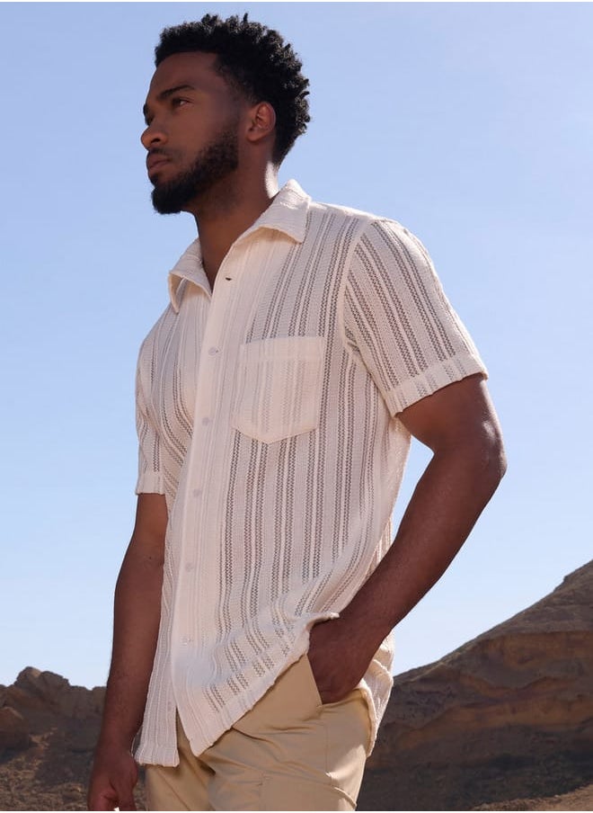 Iconic Iconic Striped Textured Shirt with Short Sleeves  - Image 1