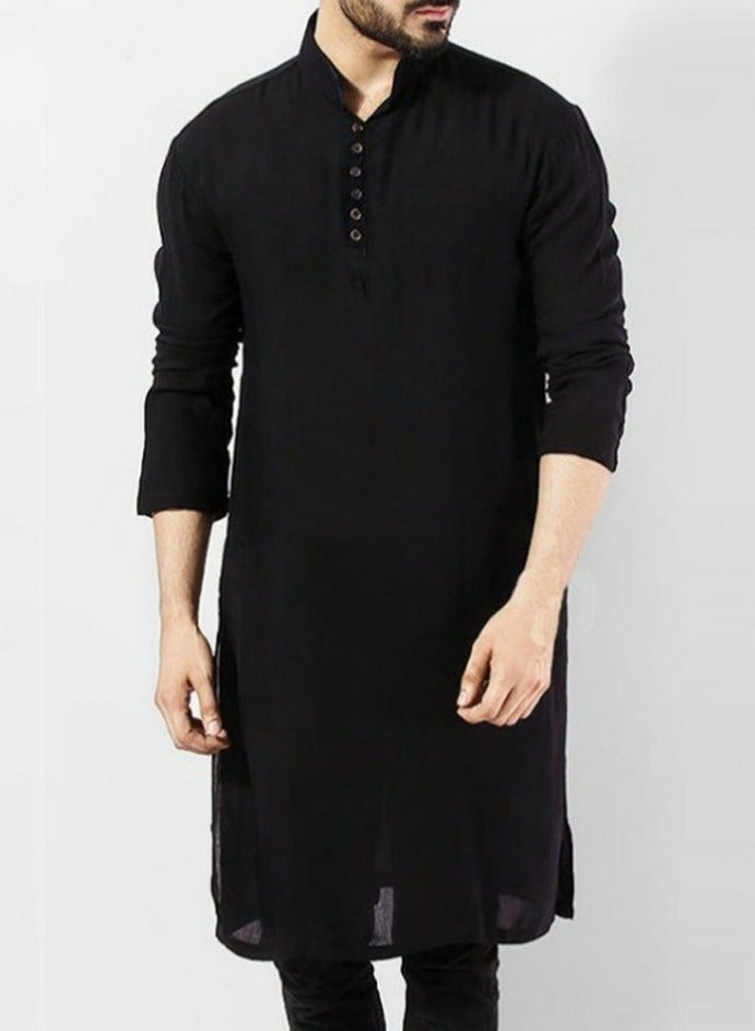 Men's Muslim Robe Thobe Solid Color Stand Collar Long Sleeve Kaftan Black