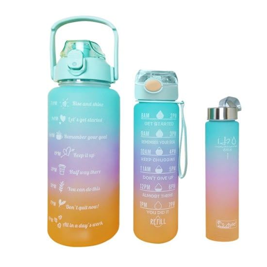 ASTEROID Unbreakable Silicone Water Bottle Motivational Water Gallon with Time Marker Large Capacity 2000ML 900ML 300ML Leakproof BPA Free Fitness Sports Water Bottle Multicolor 3 Pcs - Image 1