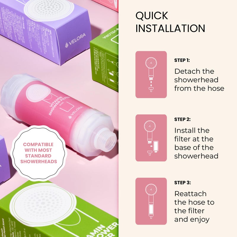 VELORA Vitamin C Shower Filter - Rose-Scented Aromatherapy Shower Water Filter and Softener - Universal Showerhead Bathroom Attachment - Replenish Dry Skin, Soften and Nourish Hair - Image 5