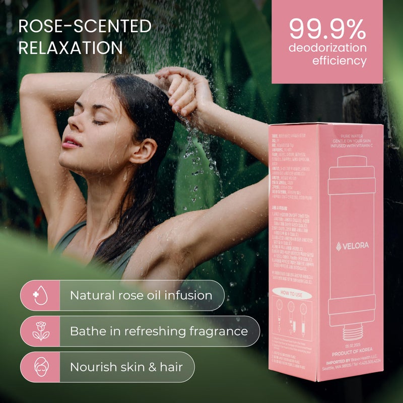 VELORA Vitamin C Shower Filter - Rose-Scented Aromatherapy Shower Water Filter and Softener - Universal Showerhead Bathroom Attachment - Replenish Dry Skin, Soften and Nourish Hair - Image 4