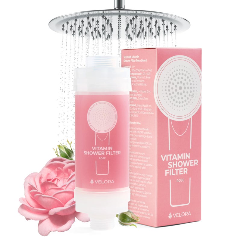 VELORA Vitamin C Shower Filter - Rose-Scented Aromatherapy Shower Water Filter and Softener - Universal Showerhead Bathroom Attachment - Replenish Dry Skin, Soften and Nourish Hair - Image 1