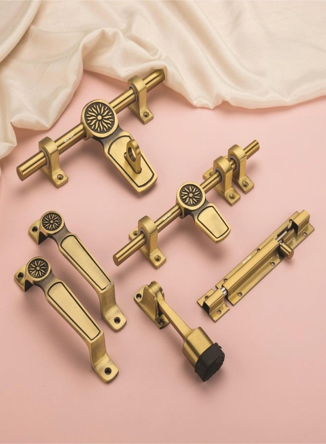 PIC’NTIQ PIC'NTIQ™ Aluminum Heavy Single Door Fitting Accessories Full Set/Kit |1 Aldrop|1 Latch 10" | 2-6" Cabinet Handles |1 Tower Bolt |1 Door Stopper | 10" | Sunflower | Antique Finish - Image 1