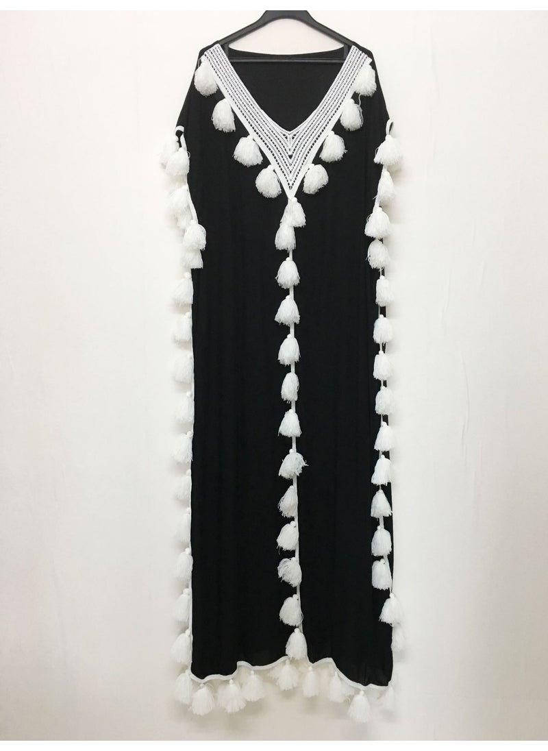 Generic - Boho Chic Plus Size Kaftan Tassel Gown Black - Image 1