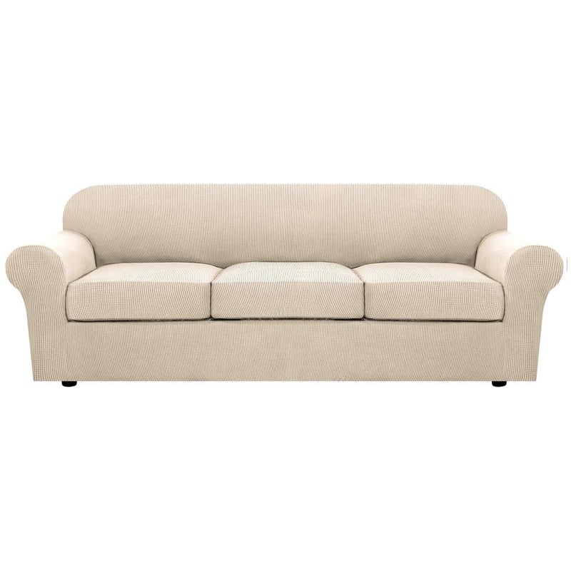 HVERSAILTEX 4 Piece Stretch Sofa Covers for 3 Cushion Couch Covers Furniture Slipcovers for Living Room 1 Base Cover Plus 3 Seat Cushion Covers Thicker Jacquard Fabric Cover XL Sofa Natural