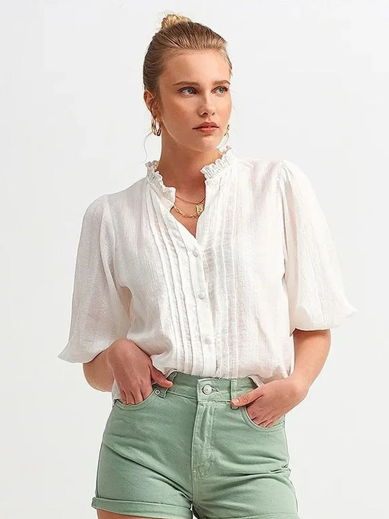 ديلفين DILVIN Women's Solid Mandarin Collar Woven Shirt