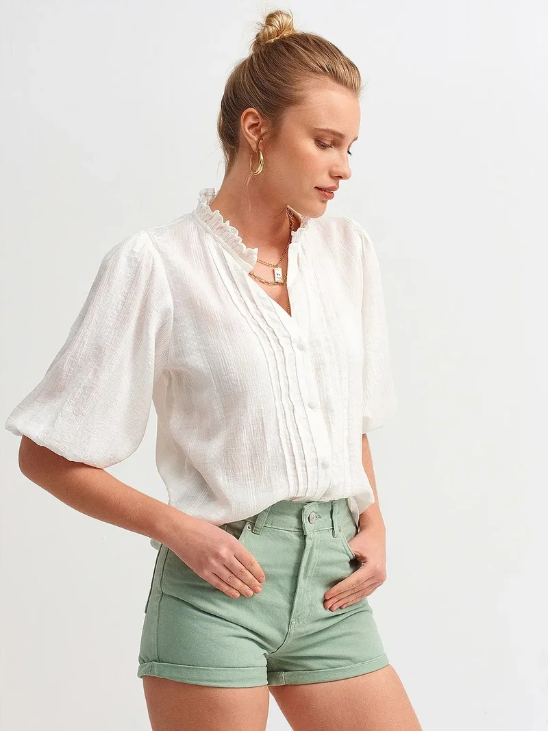 ديلفين DILVIN Women's Solid Mandarin Collar Woven Shirt