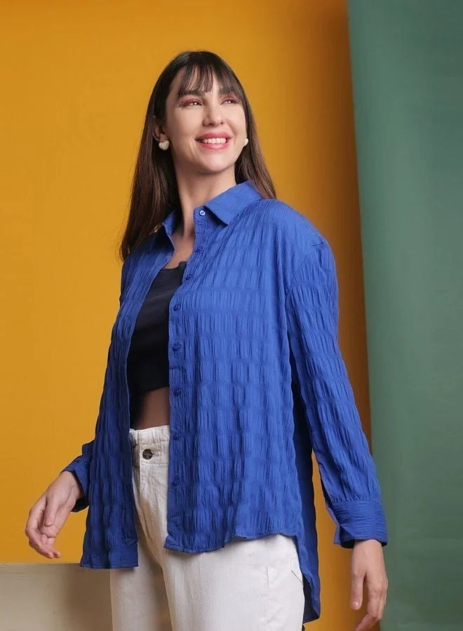 Freehand Women Oversized Fit Solid Round Neck Long Sleeve Oversized Shirt