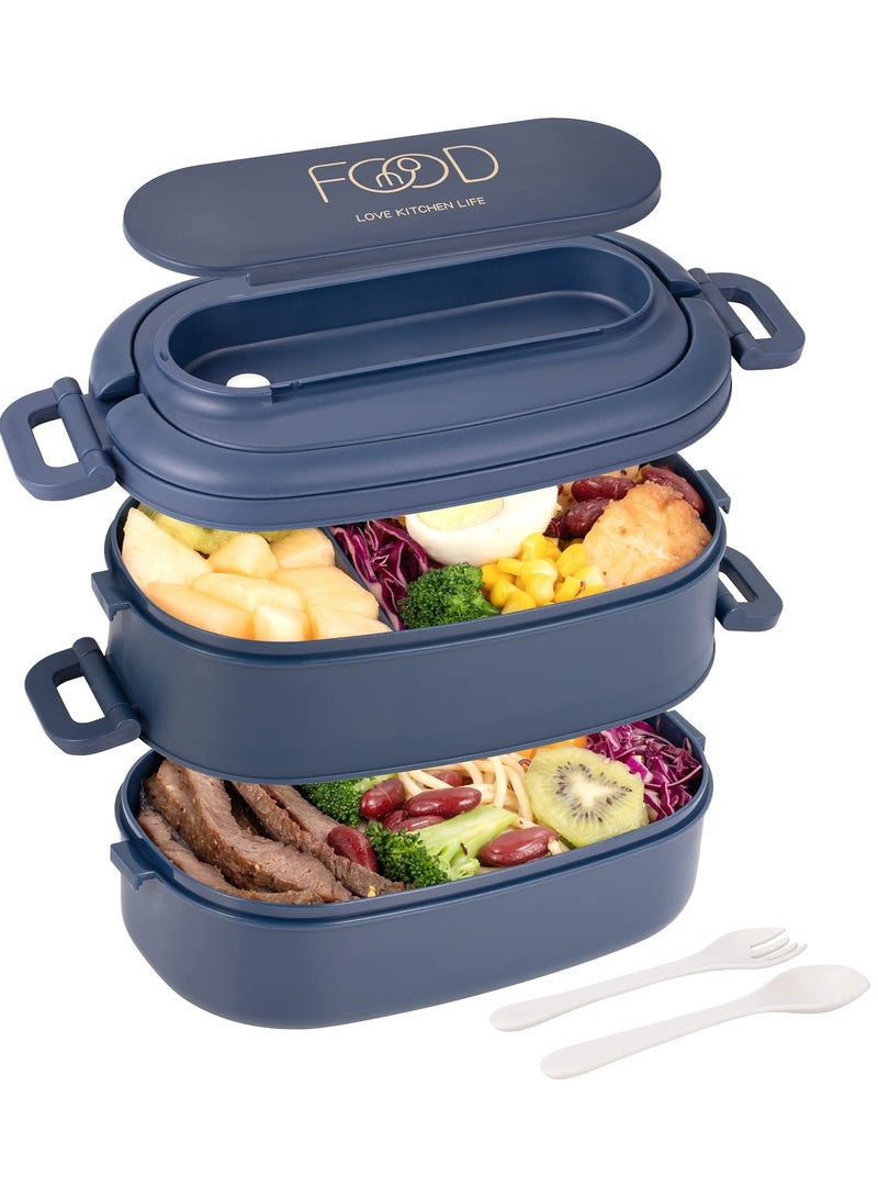 SYOSI Lunch Box, Portable Microwaveable Student Box Double Layer Bento with 3 Compartments Spoon Fork BPA Free for Men Women Adults Working Kids Students Schools Dark Blue - Image 1