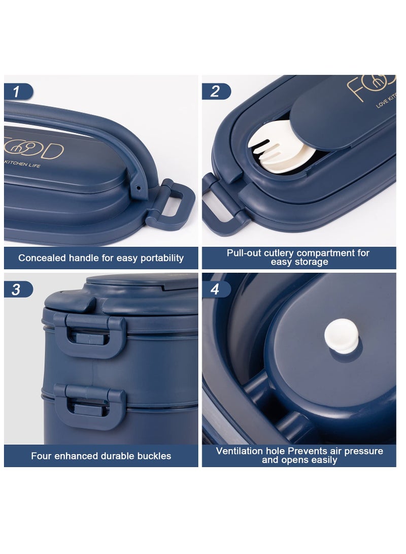 SYOSI Lunch Box, Portable Microwaveable Student Box Double Layer Bento with 3 Compartments Spoon Fork BPA Free for Men Women Adults Working Kids Students Schools Dark Blue - Image 4