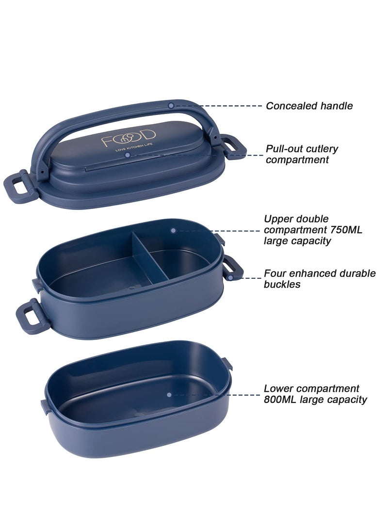 SYOSI Lunch Box, Portable Microwaveable Student Box Double Layer Bento with 3 Compartments Spoon Fork BPA Free for Men Women Adults Working Kids Students Schools Dark Blue - Image 2