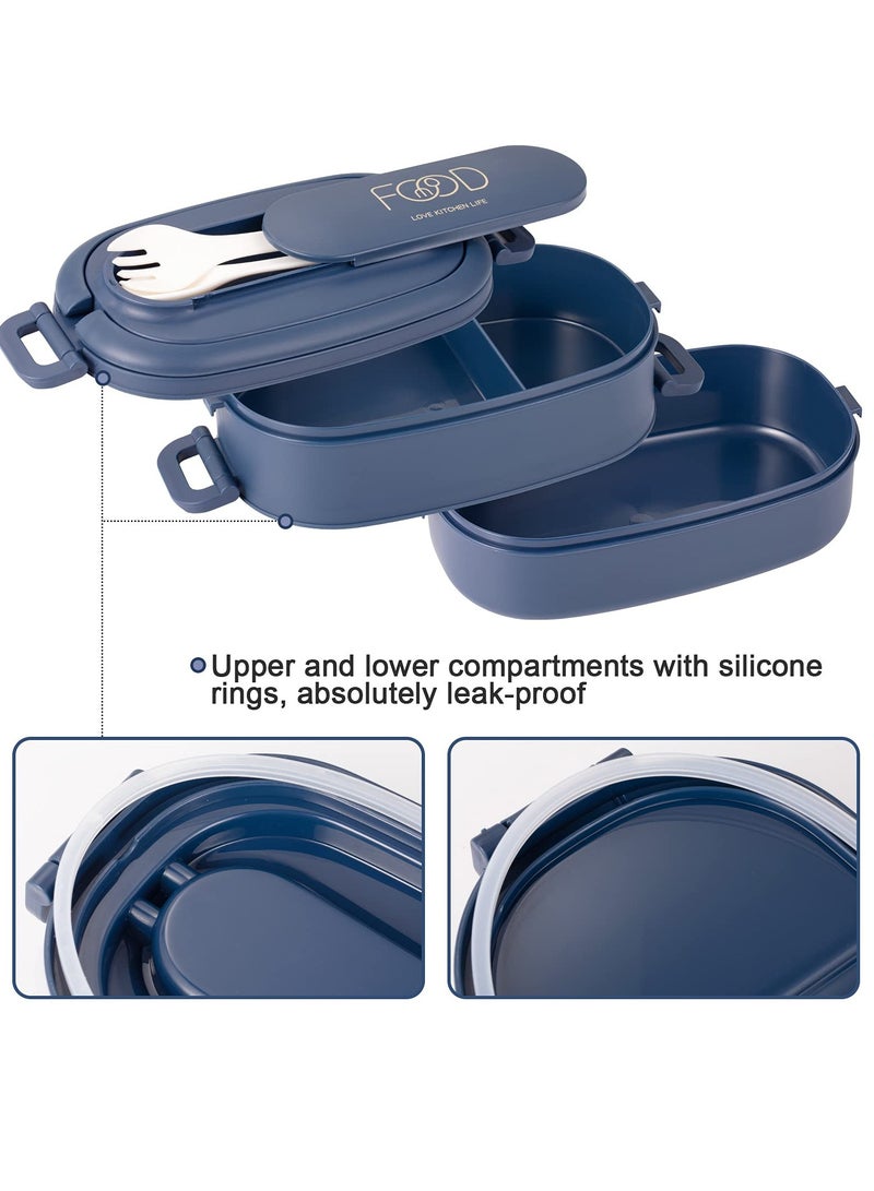 SYOSI Lunch Box, Portable Microwaveable Student Box Double Layer Bento with 3 Compartments Spoon Fork BPA Free for Men Women Adults Working Kids Students Schools Dark Blue - Image 3