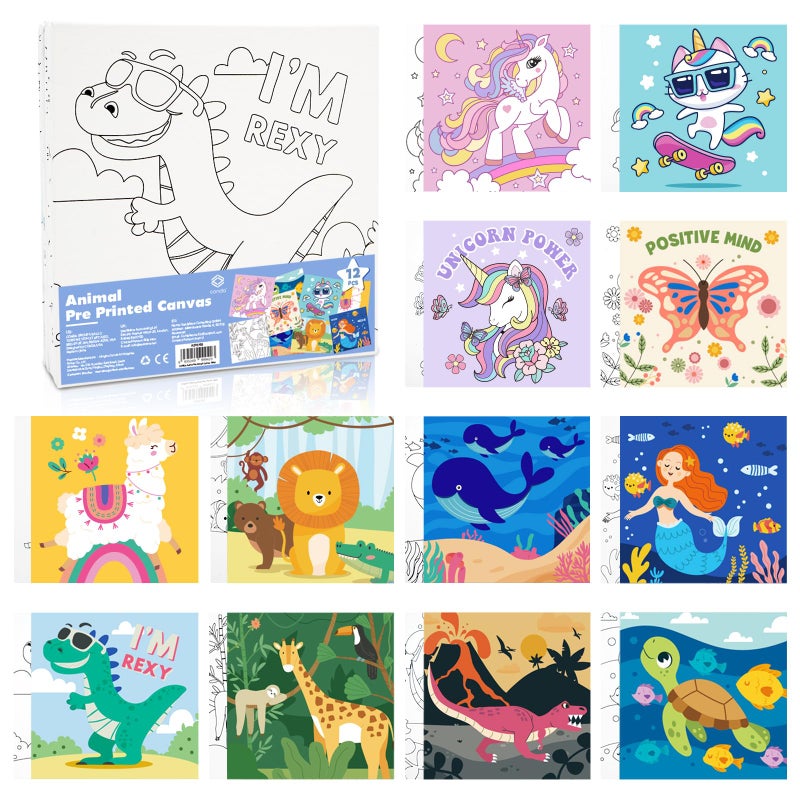 CONDA 12 Pcs Pre Drawn Canvas to Paint 6x6 Inch, Animal Pre Printed Canvas for Painting for Beginners Students, DIY Paint Art Supplies, Painting Canvas Panels and Sip Kit - Image 1