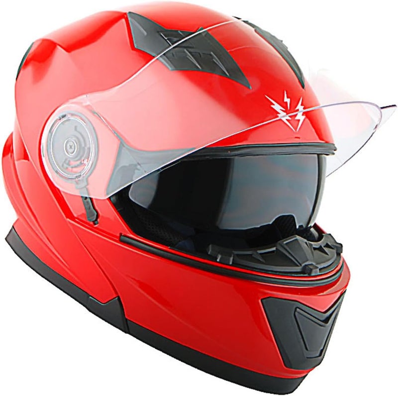 1Storm Modular Full Face Motorcycle Helmet with Dual Visor and LED Tail Light - Glossy Red - Image 3