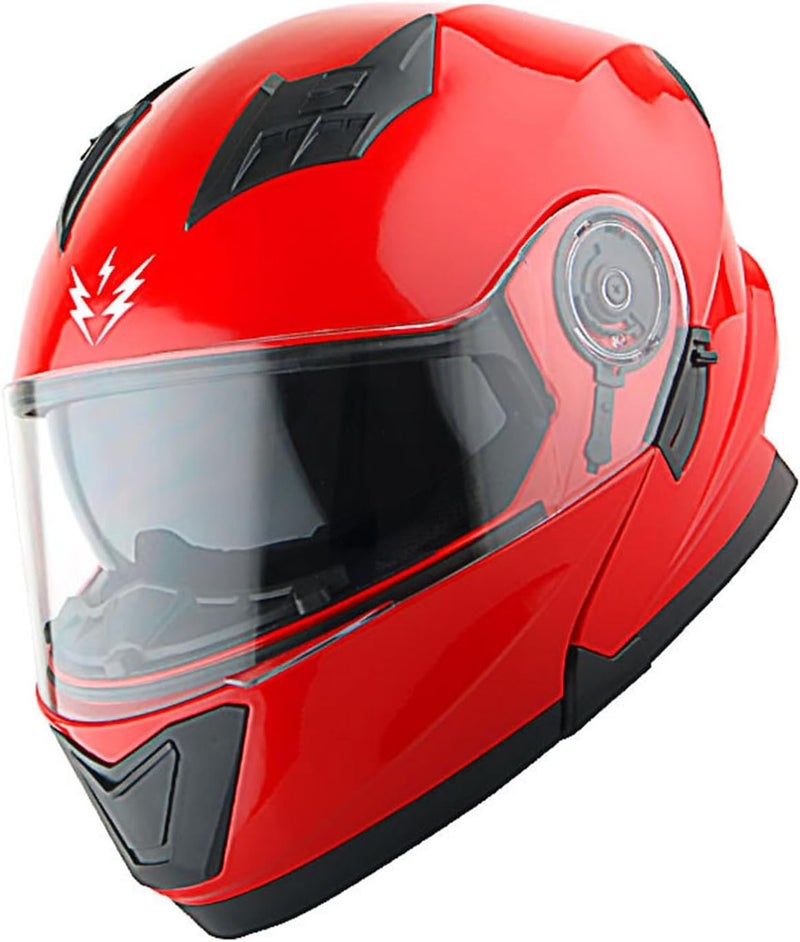 1Storm Modular Full Face Motorcycle Helmet with Dual Visor and LED Tail Light - Glossy Red - Image 2