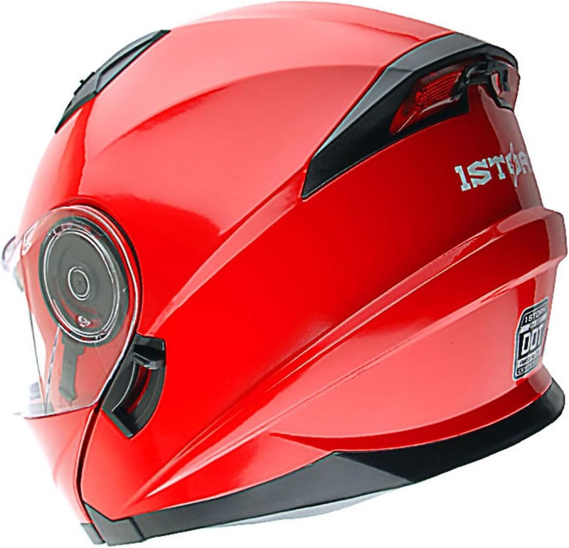 1Storm Modular Full Face Motorcycle Helmet with Dual Visor and LED Tail Light - Glossy Red - Image 5