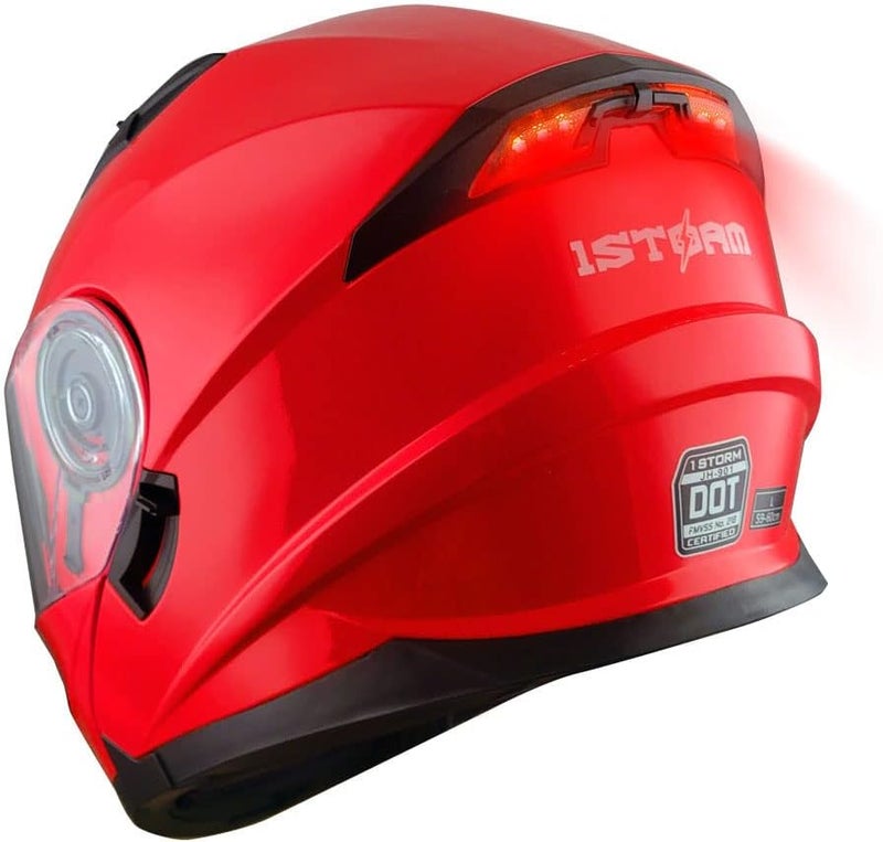 1Storm Modular Full Face Motorcycle Helmet with Dual Visor and LED Tail Light - Glossy Red - Image 1