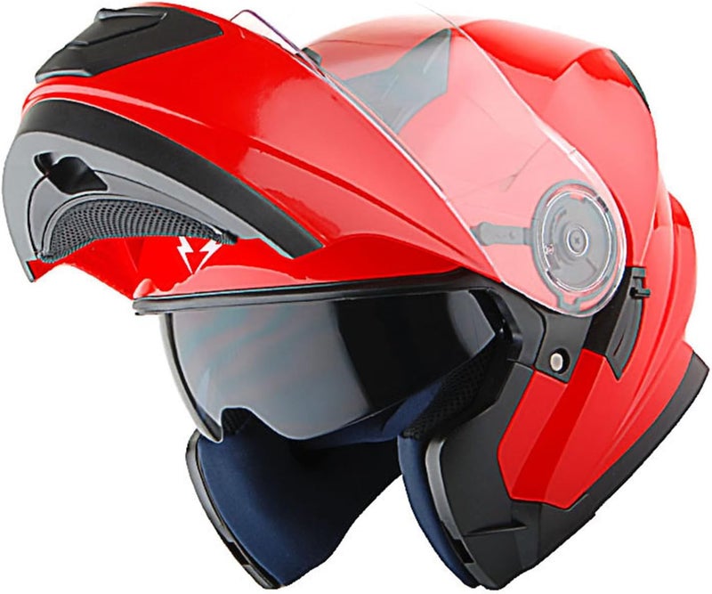 1Storm Modular Full Face Motorcycle Helmet with Dual Visor and LED Tail Light - Glossy Red - Image 4