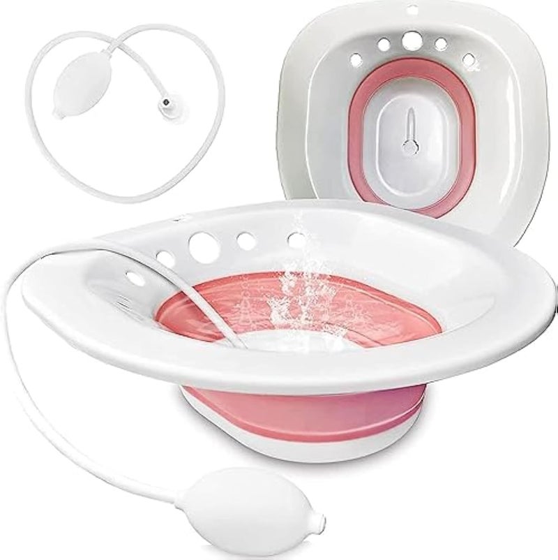 Sitz Bath, Sitz Bath for Hemorrhoids, Sitz Bath for Toilet Seat, Postpartum Care, Sits Bath Kit for Women, Collapsible, Flusher Hose, Drain Holes (Pink)