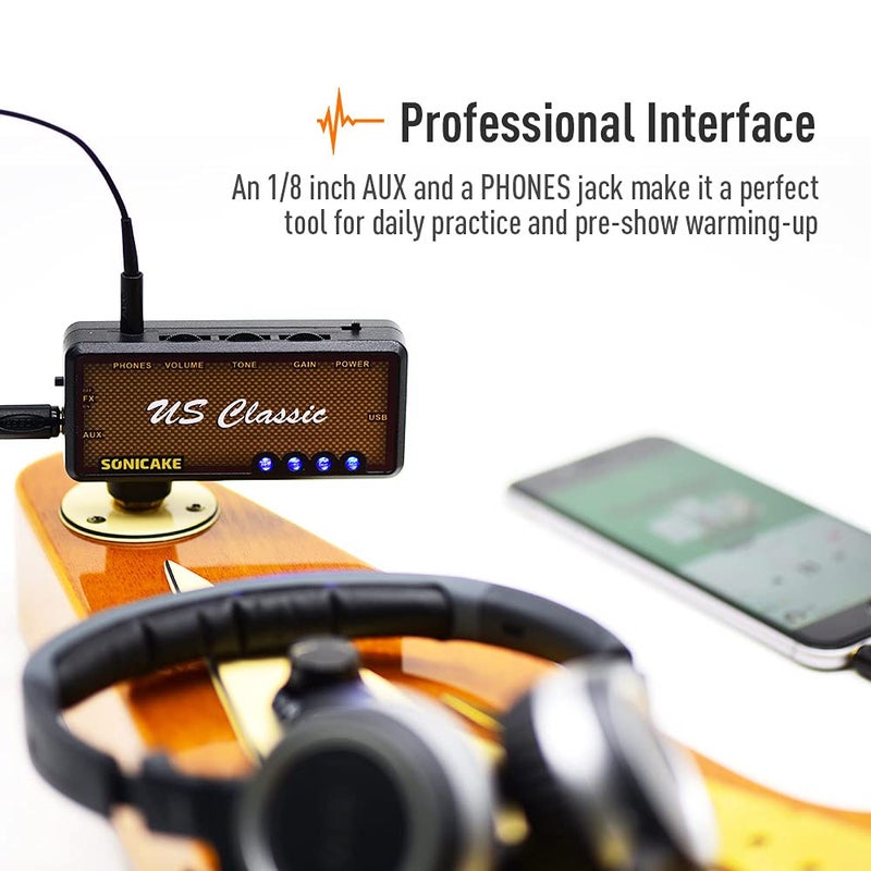 SONICAKE QAP-2E أمفونكس US كلاسيك بلوز أوفردرايف سماعة رأس جيتار محمولة قابلة للشحن عبر USB مع تأثيرات مدمجة ومدخل AUX، كابل شحن USB - Image 5