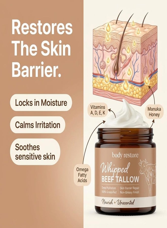 Body Restore Grass-Fed Beef Tallow Cream with Manuka Honey – Deep Moisturizing Skin Balm for Dry Skin, Face & Body Hydration, Rich in Vitamins A, D, E & K – Unscented, 2.5 oz - Image 5