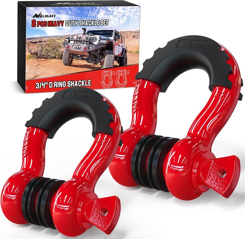 Nilight 2 Pack 3/4" D-Ring Shackle 4.75 Ton (9500 Lbs) Capacity with 7/8" Pin Heavy Duty Off Road Recovery Shackle with Isolators & Washer Kit for Jeep Truck Vehicle, Red (90053B) - Image 1