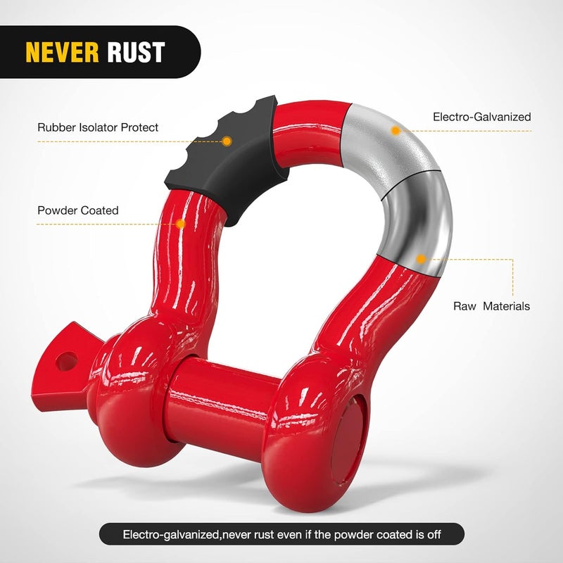 Nilight 2 Pack 3/4" D-Ring Shackle 4.75 Ton (9500 Lbs) Capacity with 7/8" Pin Heavy Duty Off Road Recovery Shackle with Isolators & Washer Kit for Jeep Truck Vehicle, Red (90053B) - Image 4