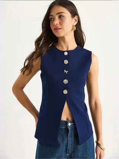 Bianco Lucci Fitted Sleeveless Button-Front Waistcoat with Crew Neck