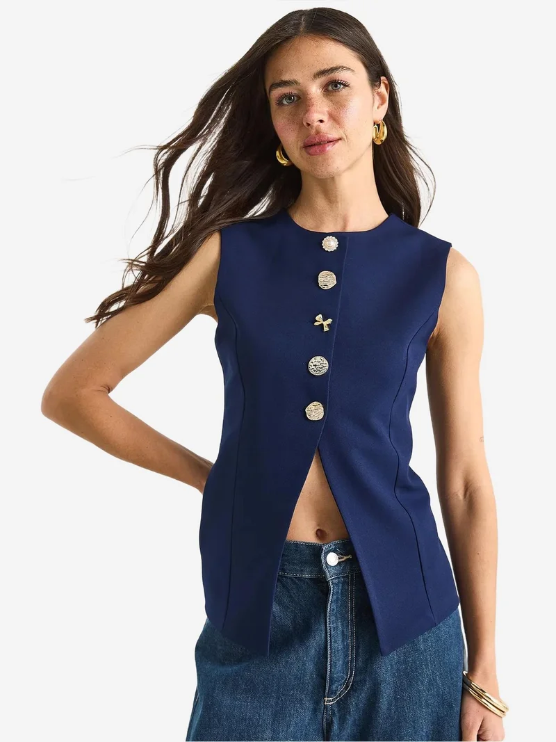 Bianco Lucci Fitted Sleeveless Button-Front Waistcoat with Crew Neck